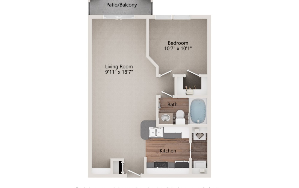 A1 - 1 bedroom floorplan layout with 1 bathroom and 638 square feet (2D)