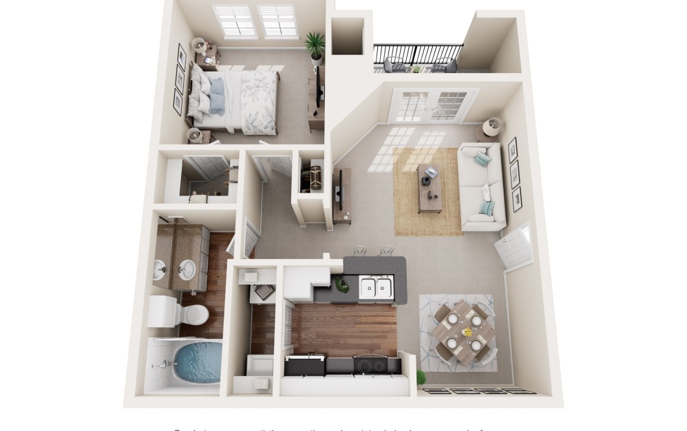 A2 - 1 bedroom floorplan layout with 1 bathroom and 649 square feet (3D)
