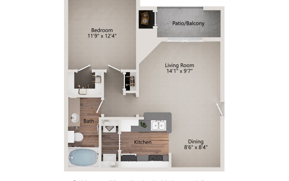 A2 - 1 bedroom floorplan layout with 1 bathroom and 649 square feet (2D)