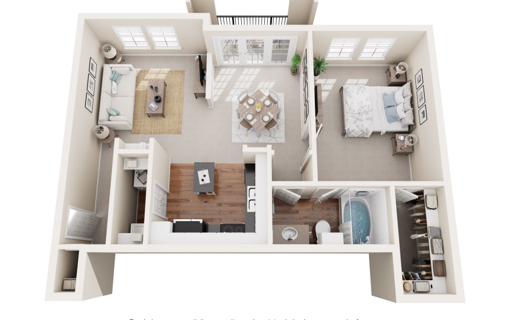 A4 - 1 bedroom floorplan layout with 1 bathroom and 744 square feet (3D)