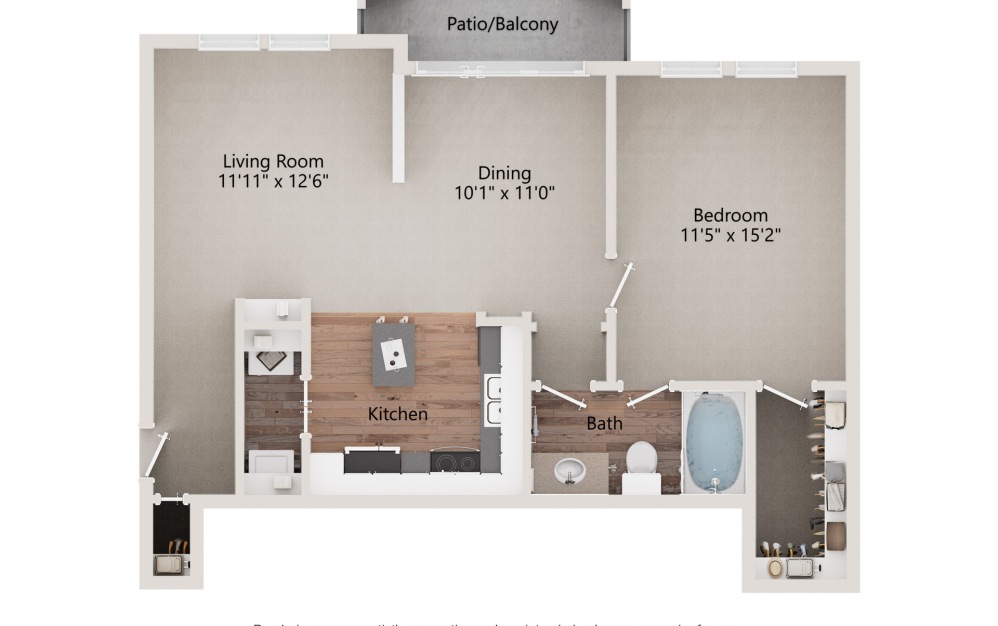 A4 - 1 bedroom floorplan layout with 1 bathroom and 744 square feet (2D)