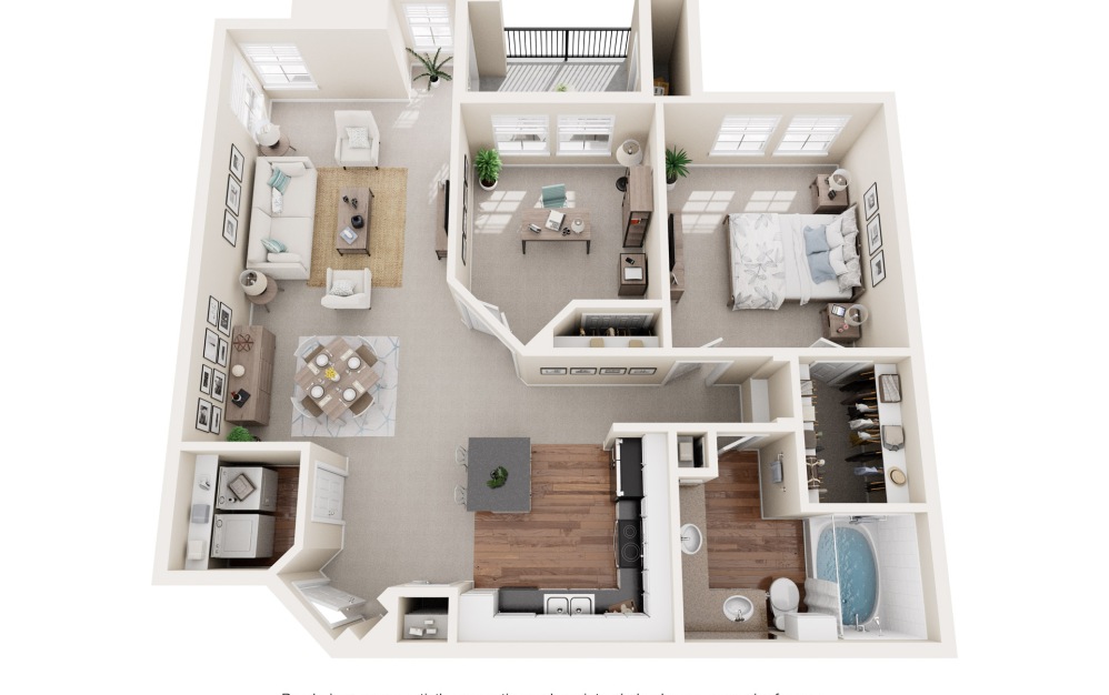 B1 - 2 bedroom floorplan layout with 1 bathroom and 938 square feet (3D)