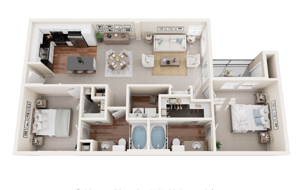 B2 - 2 bedroom floorplan layout with 2 bathrooms and 1025 square feet (3D)