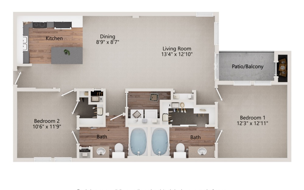 B2 - 2 bedroom floorplan layout with 2 bathrooms and 1025 square feet (2D)