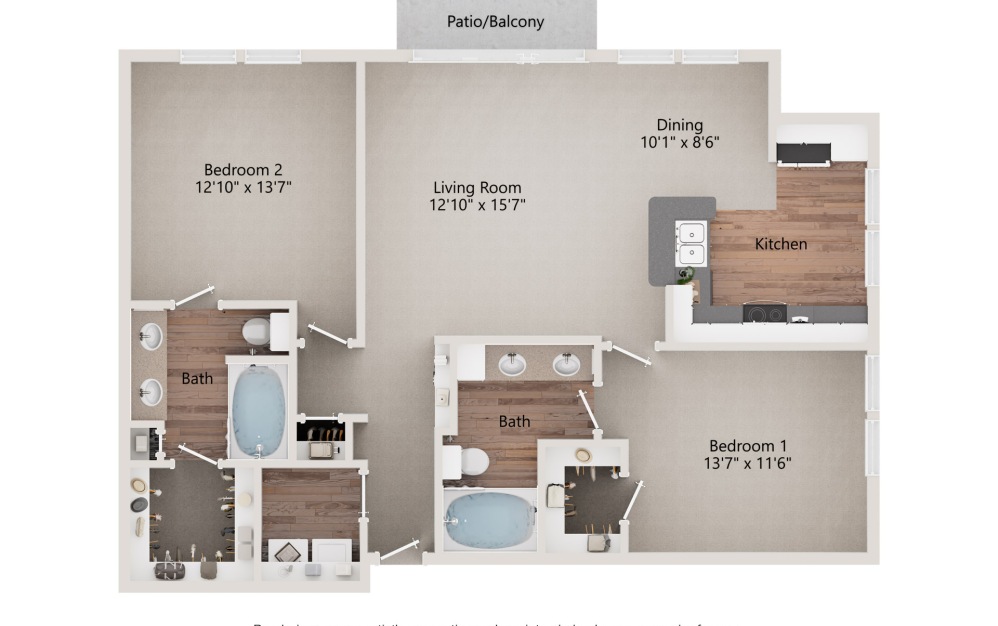 B4 - 2 bedroom floorplan layout with 2 bathrooms and 1128 square feet (2D)