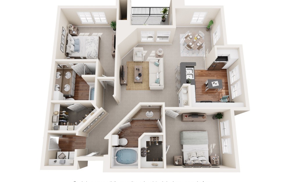 B5 - 2 bedroom floorplan layout with 2 bathrooms and 1190 square feet (3D)