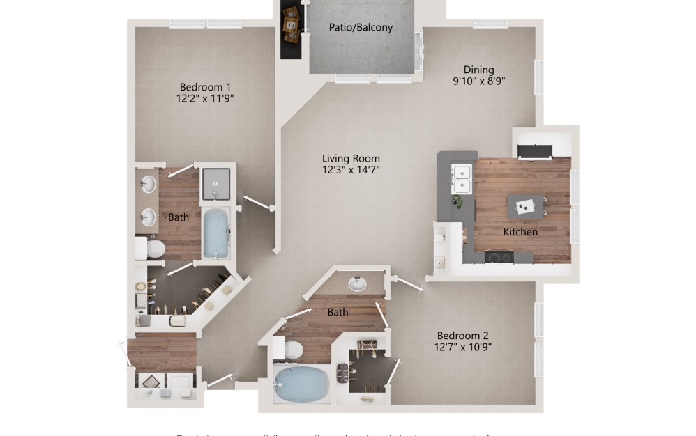 B5 - 2 bedroom floorplan layout with 2 bathrooms and 1190 square feet (2D)